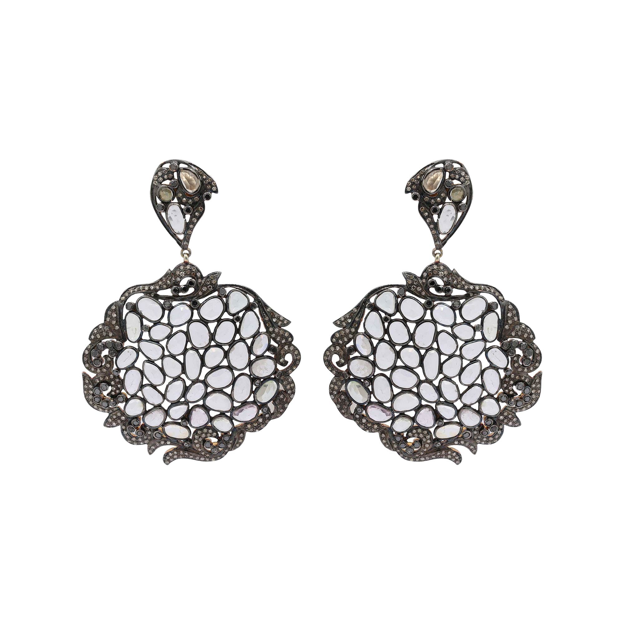 Natural Moonstone And Diamond 925 Sterling Silver Gold Plated Earring