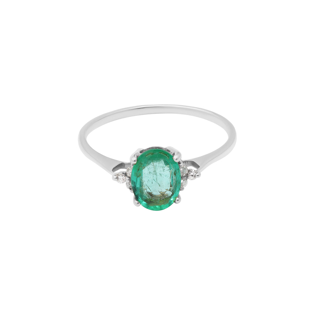 14k Yellow Gold Precious Oval Cut Emerald With Diamond Ring