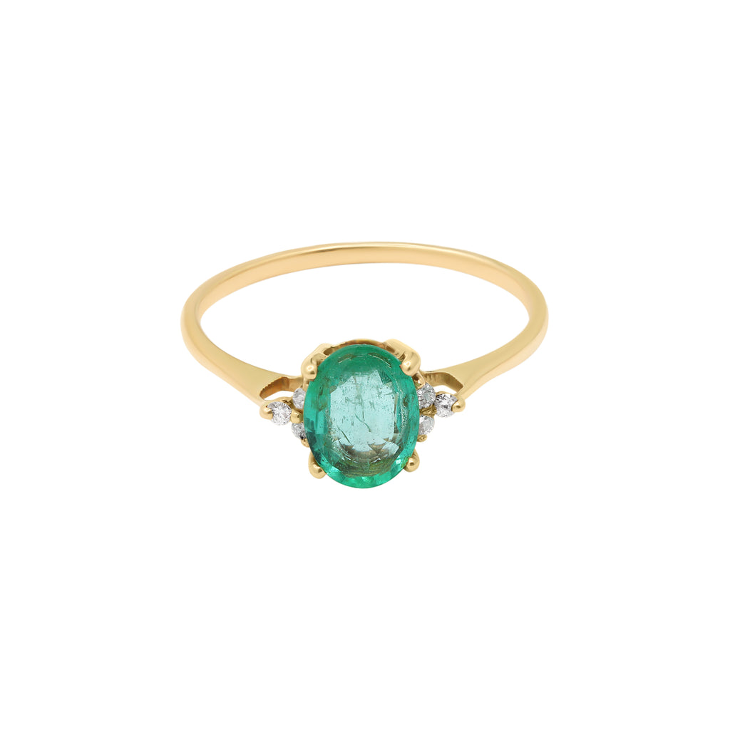 14k Yellow Gold Precious Oval Cut Emerald With Diamond Ring