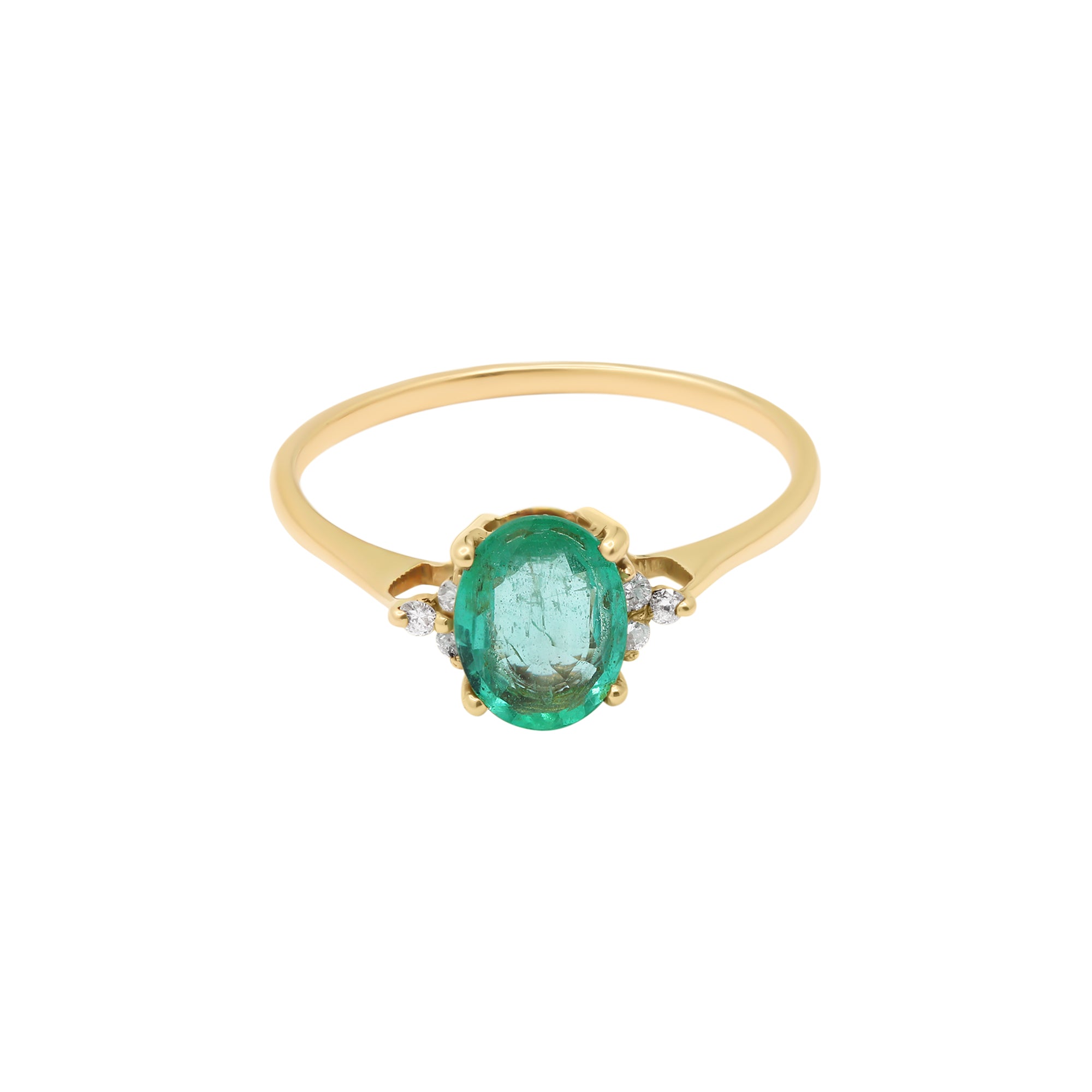 14k Yellow Gold Precious Oval Cut Emerald With Diamond Ring
