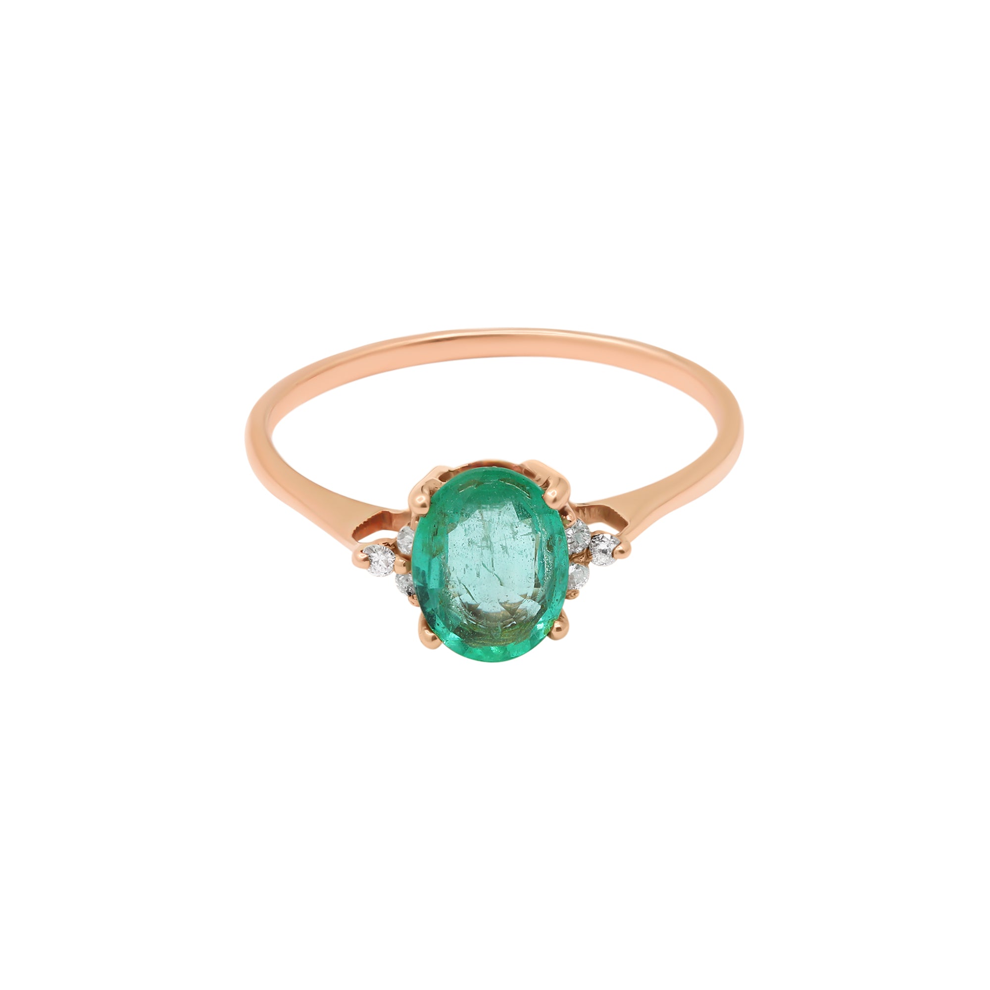 14k Yellow Gold Precious Oval Cut Emerald With Diamond Ring