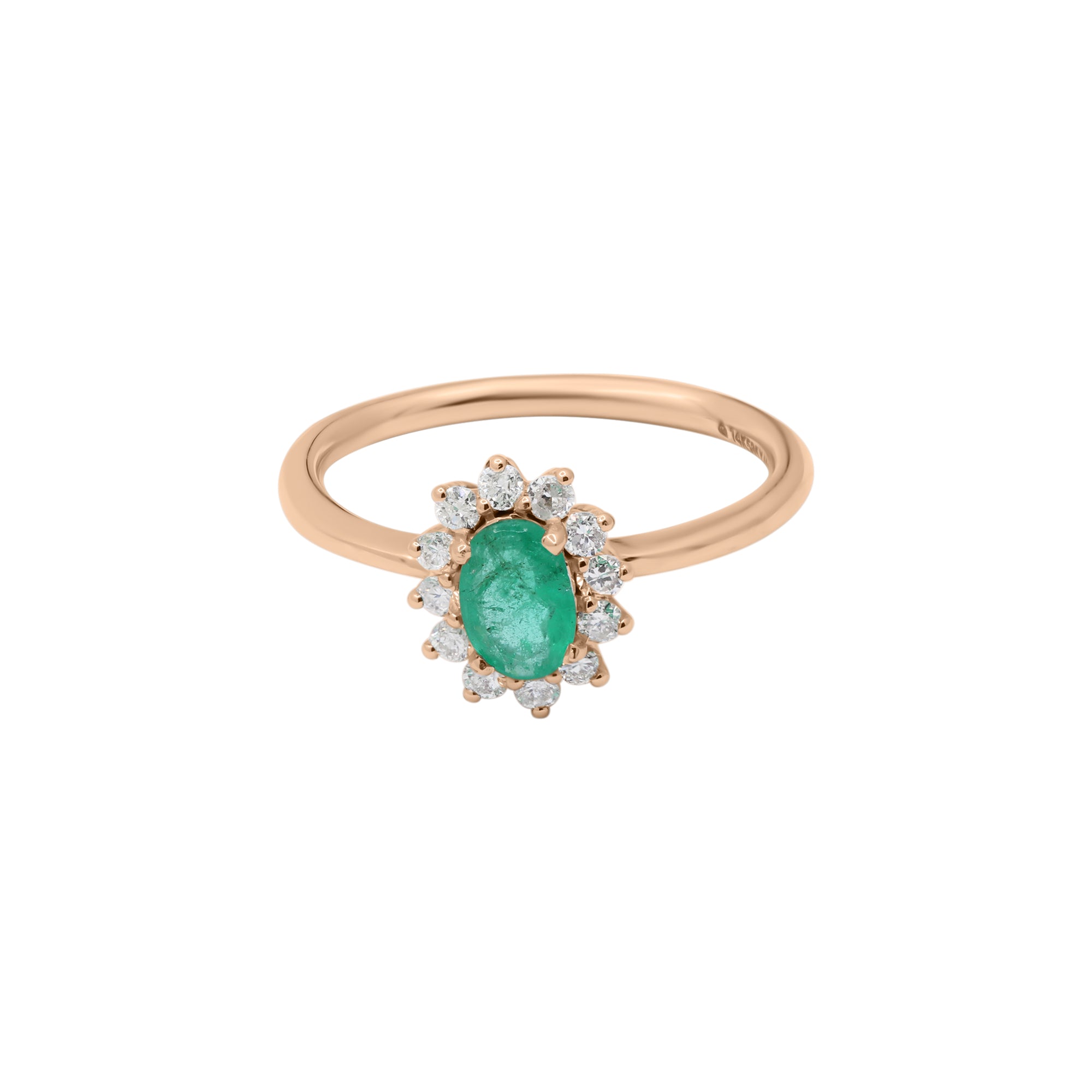 Oval Shaped Natural Emerald Gemstone With Diamond Ring In 14k White Gold