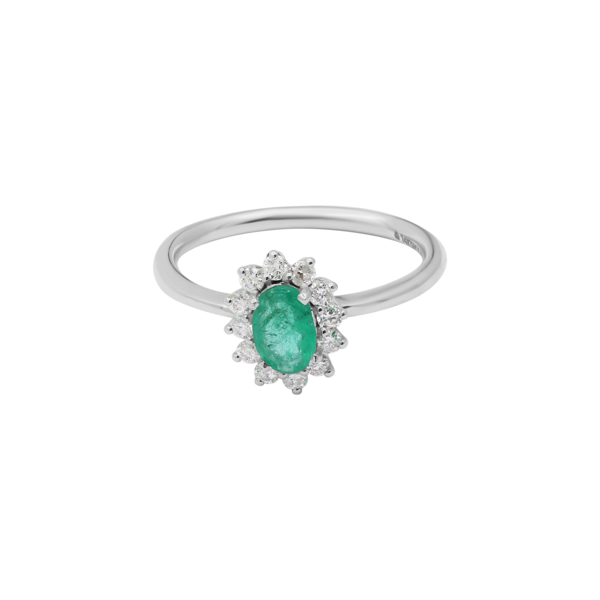Oval Shaped Natural Emerald Gemstone With Diamond Ring In 14k White Gold