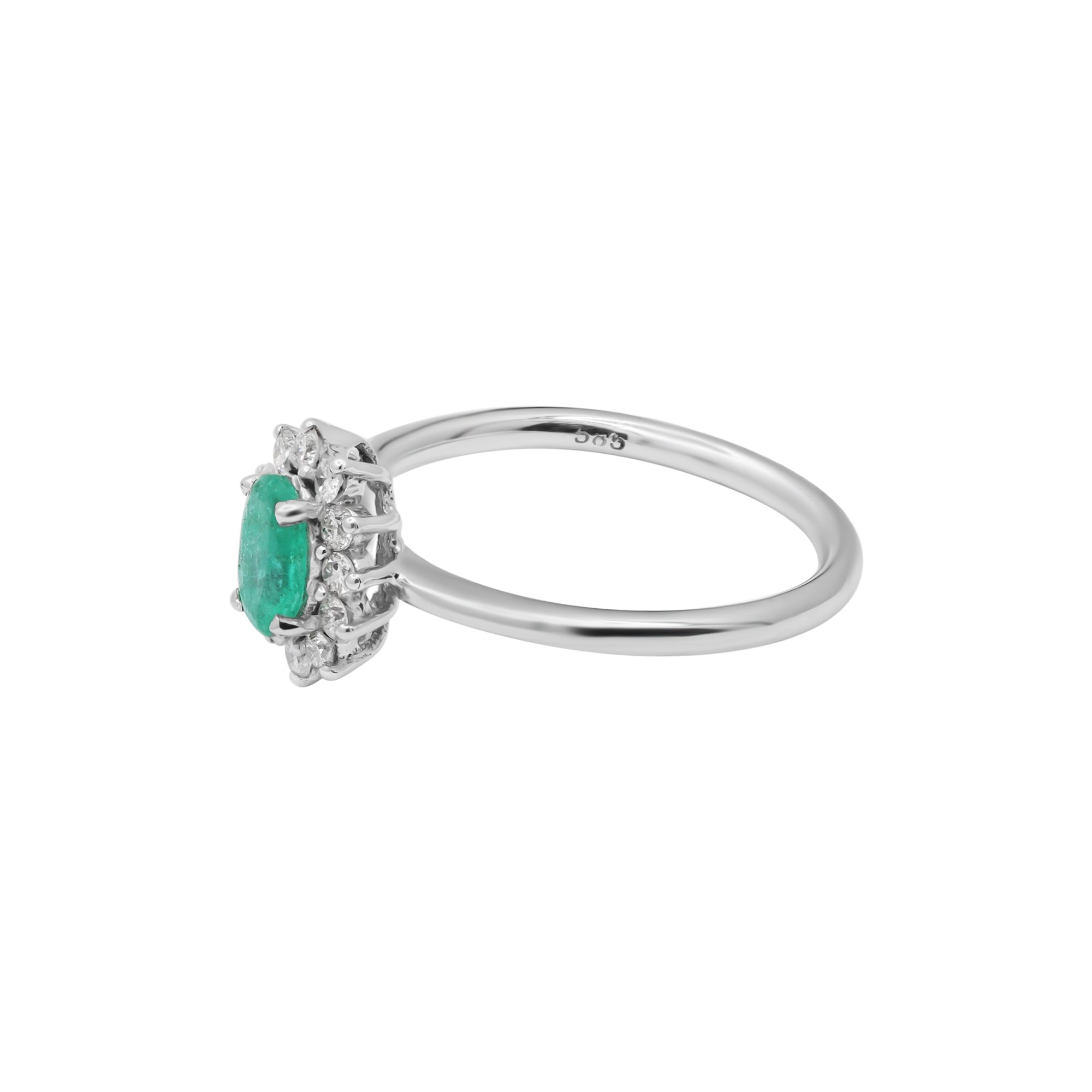 Oval Shaped Natural Emerald Gemstone With Diamond Ring In 14k White Gold