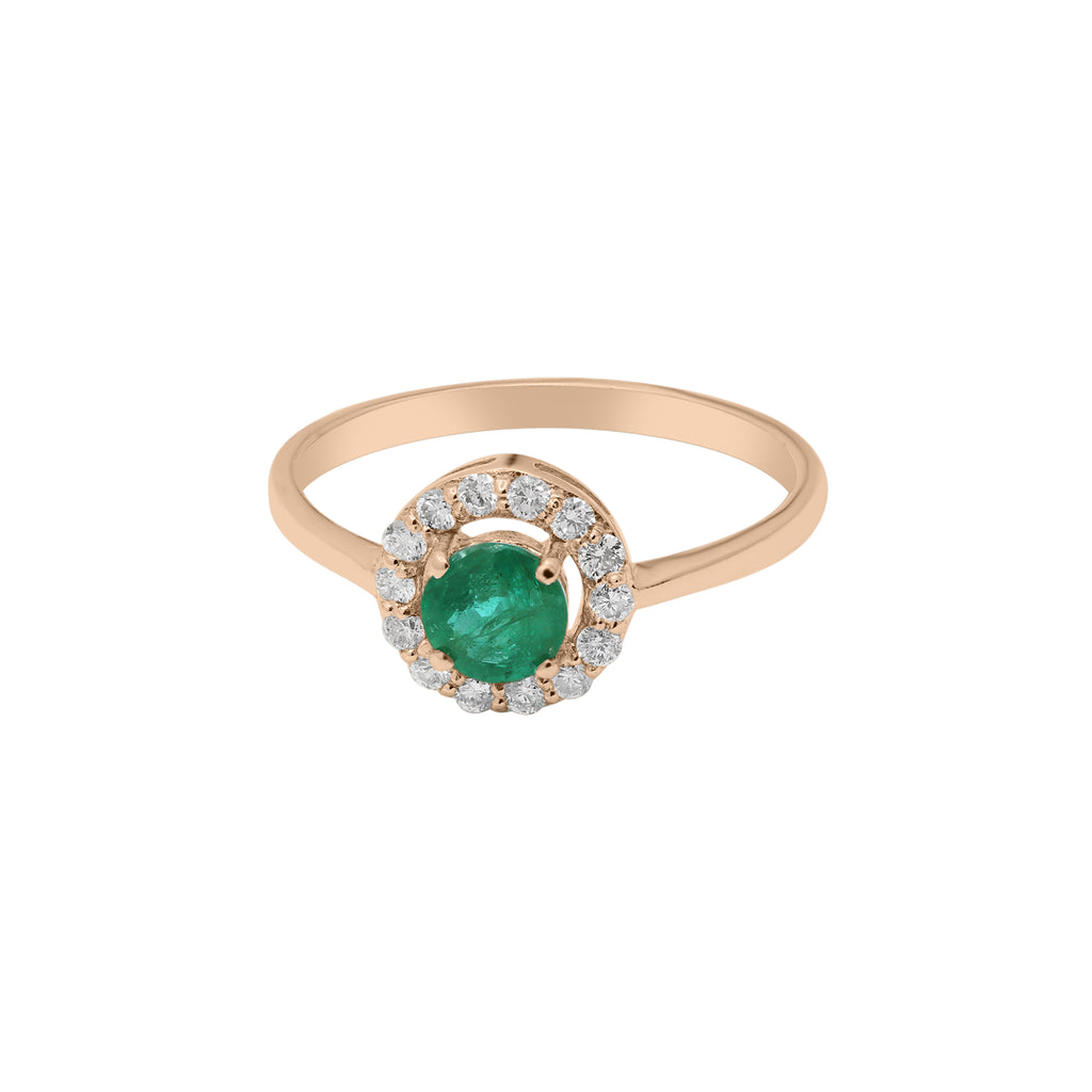 Precious Round Emerald Gemstone With Diamond Gold Ring In 14k White Gold