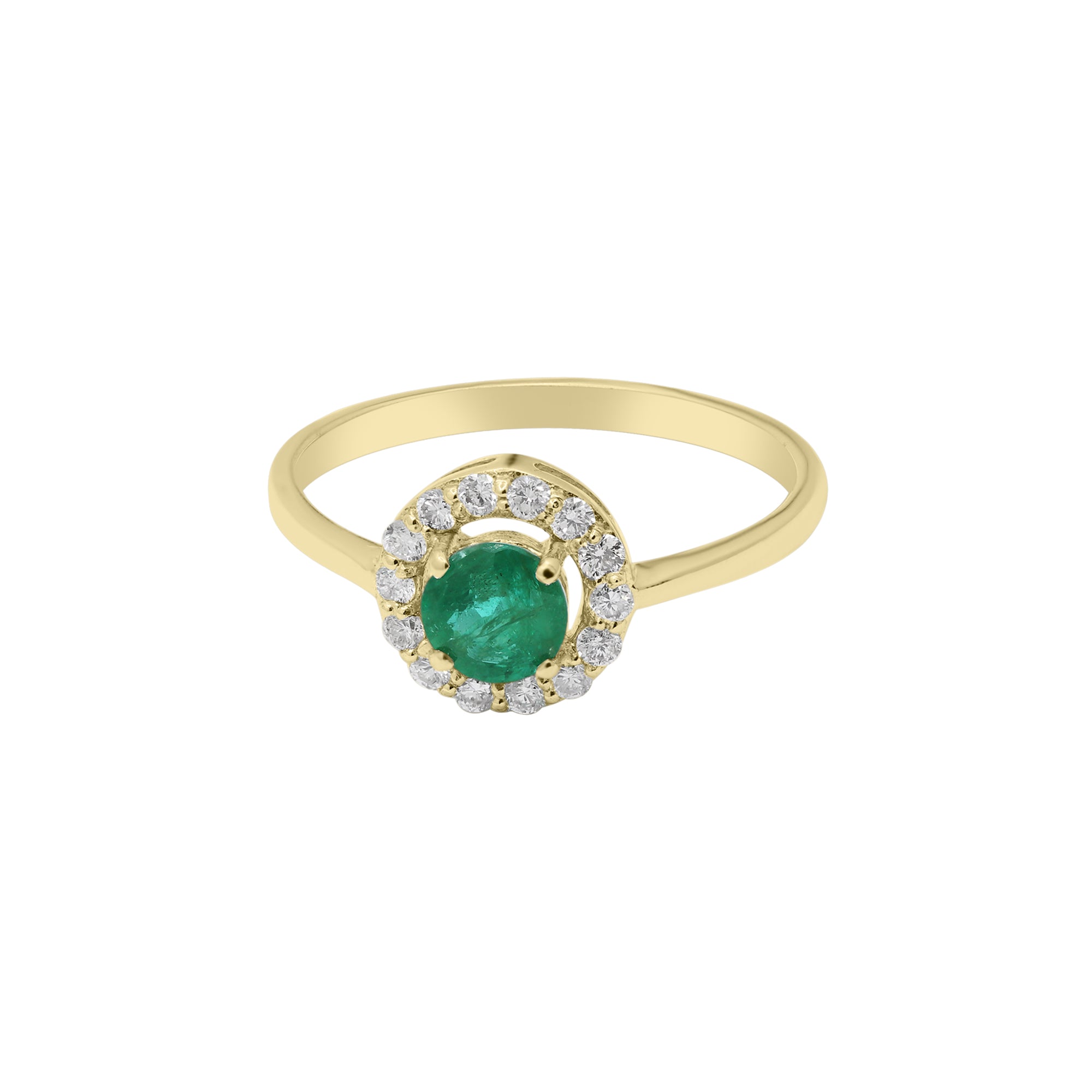 Precious Round Emerald Gemstone With Diamond Gold Ring In 14k White Gold