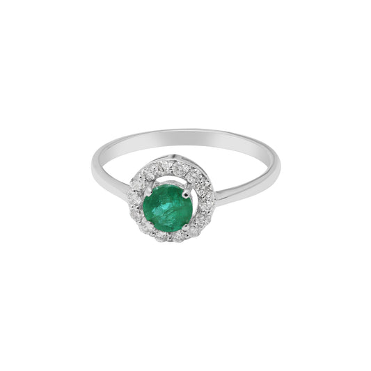 Precious Round Emerald Gemstone With Diamond Gold Ring In 14k White Gold