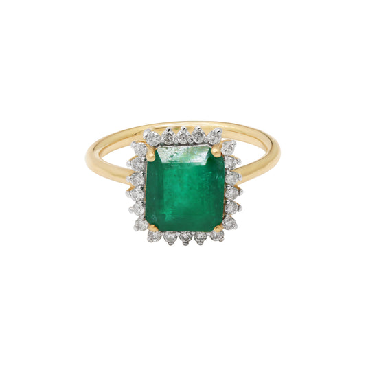 Precious Emerald Gemstone With Diamond Yellow Gold Ring In 14k Gold