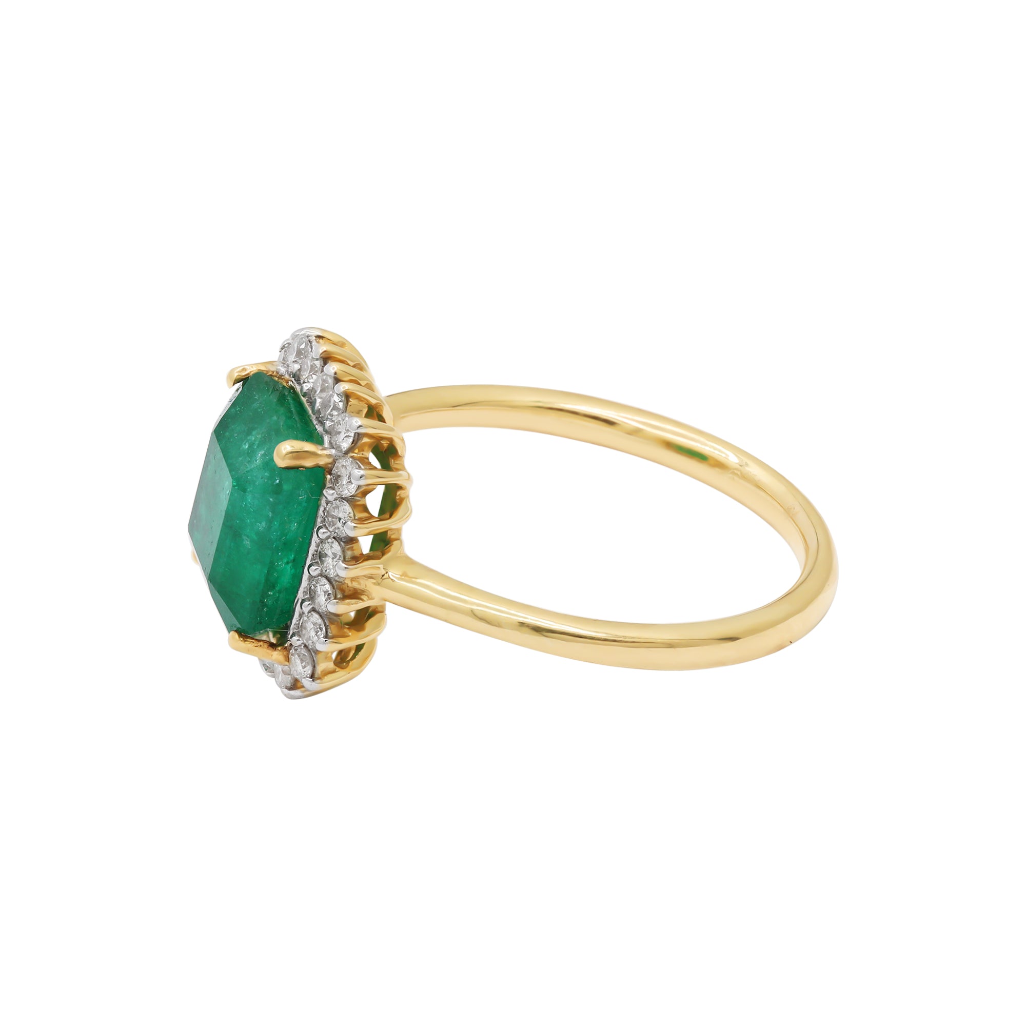 Precious Emerald Gemstone With Diamond Yellow Gold Ring In 14k Gold
