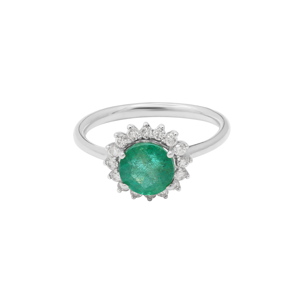 Round Natural Emerald With Diamond 14k Yellow Gold Ring
