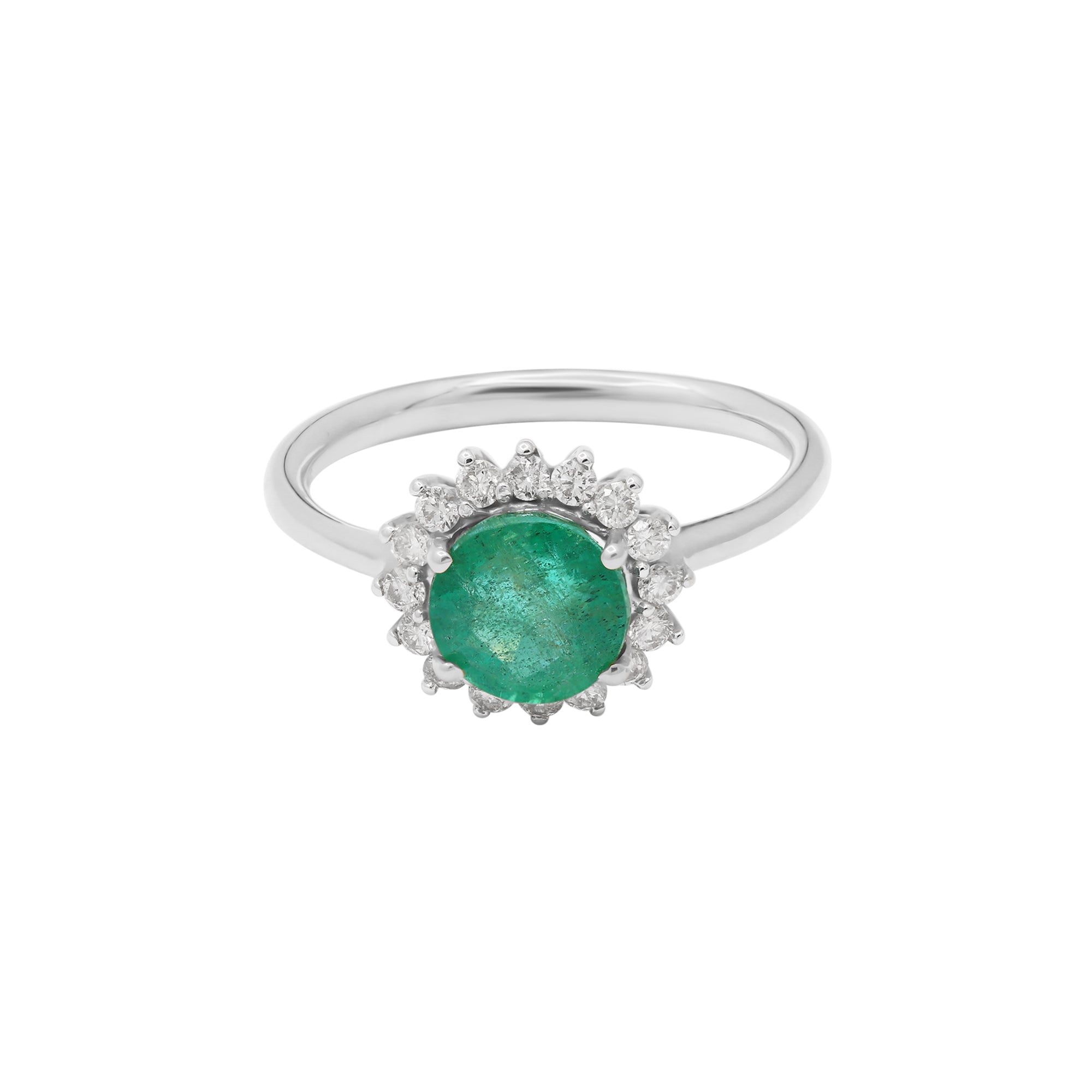 Round Natural Emerald With Diamond 14k Yellow Gold Ring