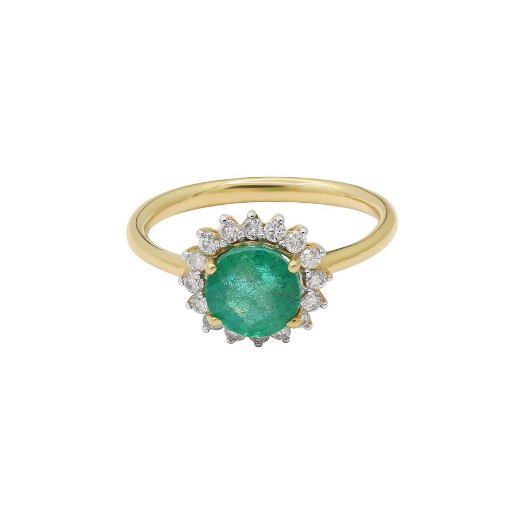 Round Natural Emerald With Diamond 14k Yellow Gold Ring