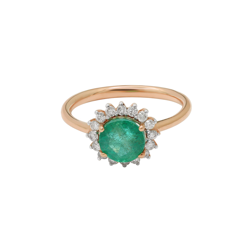 Round Natural Emerald With Diamond 14k Yellow Gold Ring