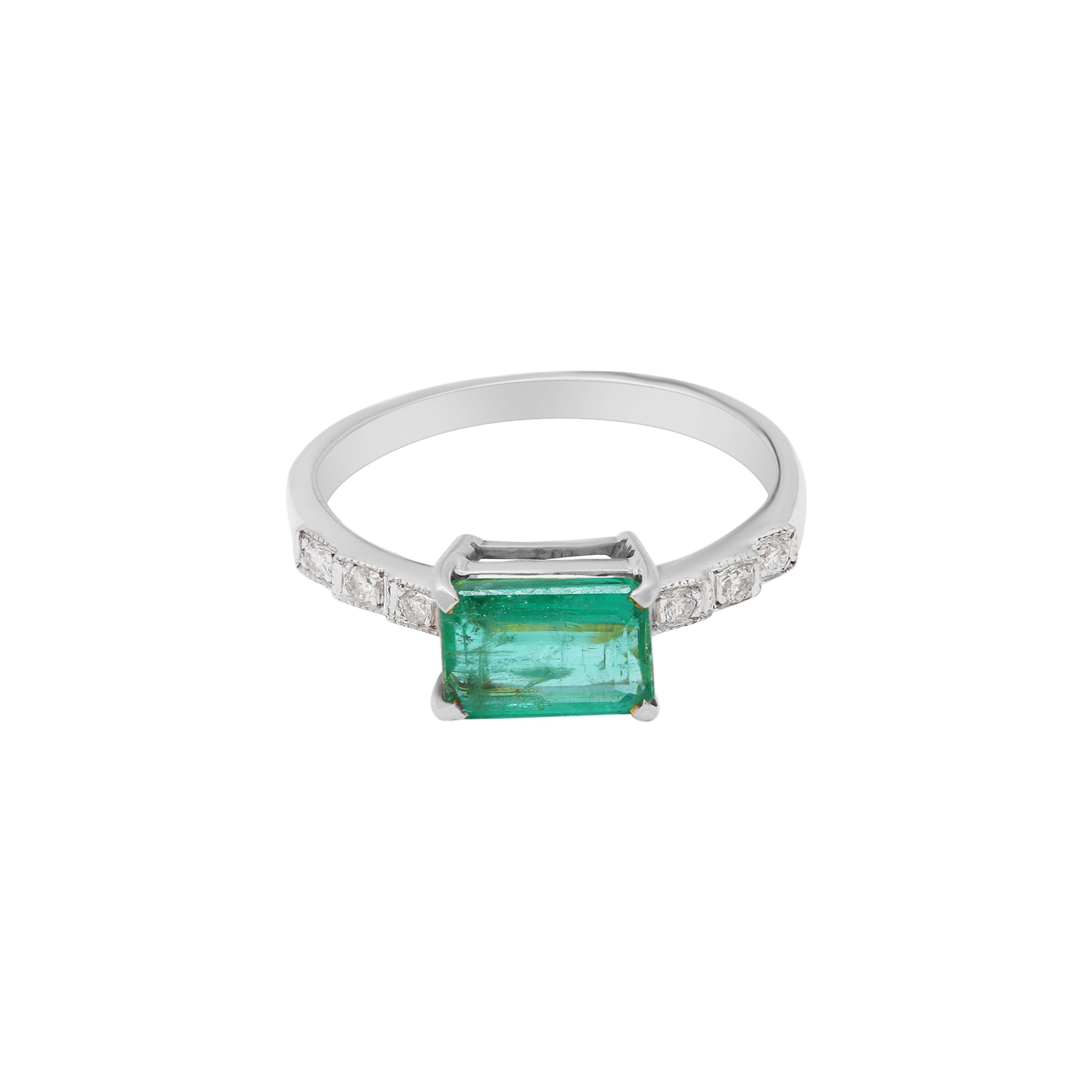 Natural Emerald With Diamond Ring In 18k Yellow Gold