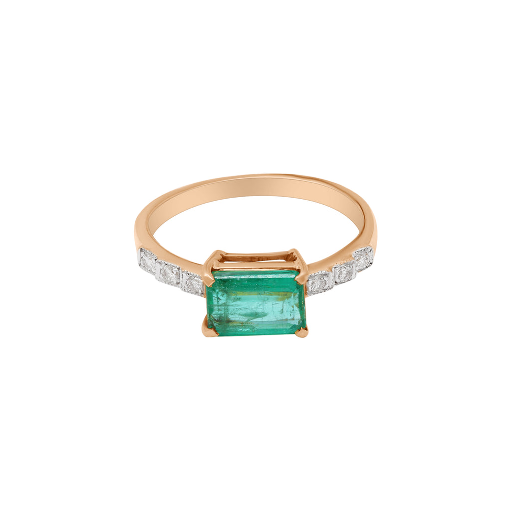 Natural Emerald With Diamond Ring In 18k Yellow Gold