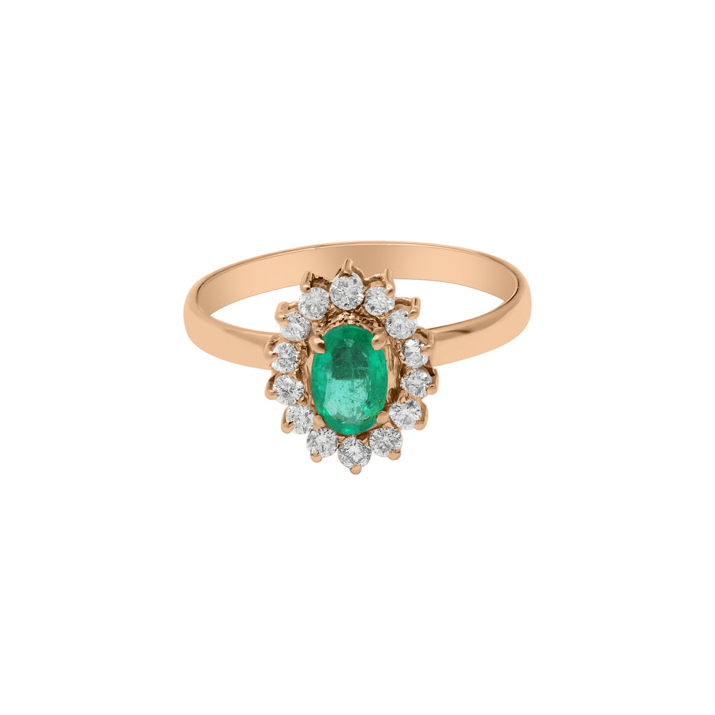 Natural Oval Cut Emerald Gemstone With Diamond Ring In 18k Yellow Gold