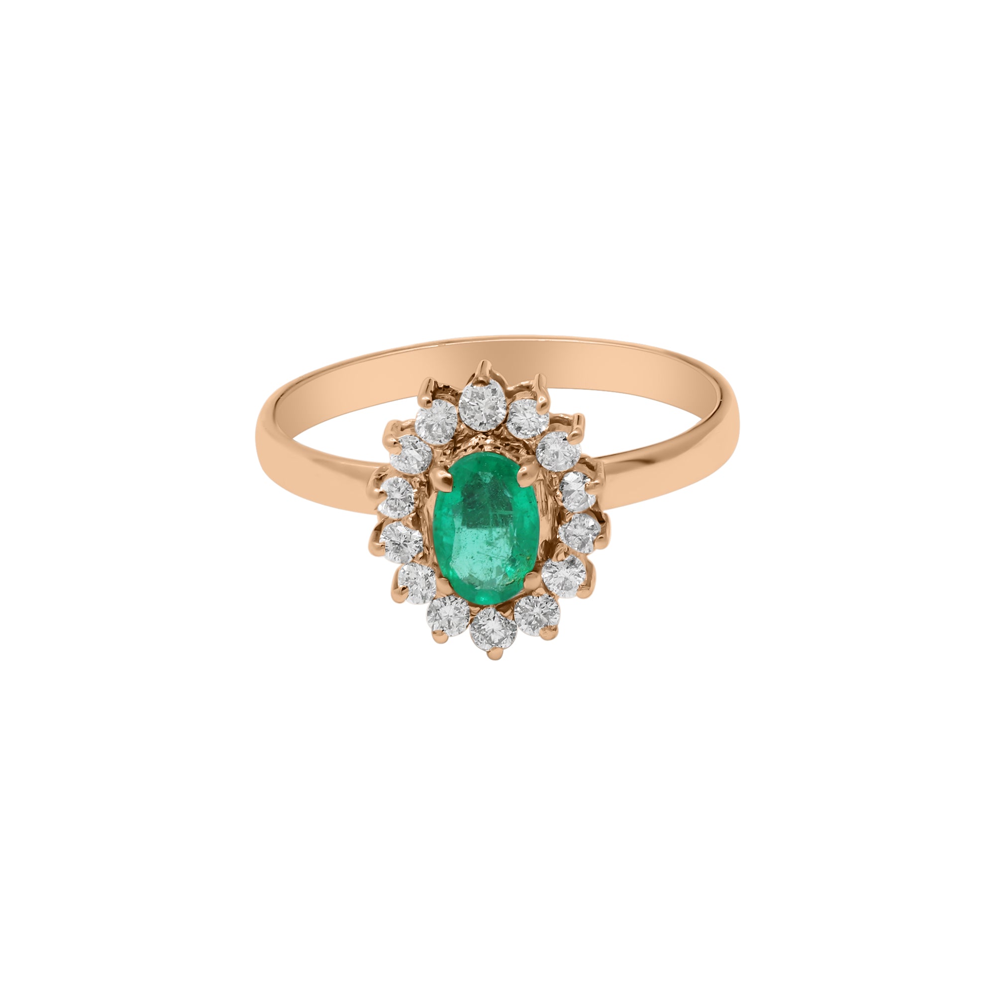 Natural Oval Cut Emerald Gemstone With Diamond Ring In 18k Yellow Gold