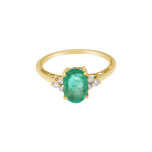 Oval Shaped Natural Emerald Gemstone With Diamond Ring In 18k Yellow Gold