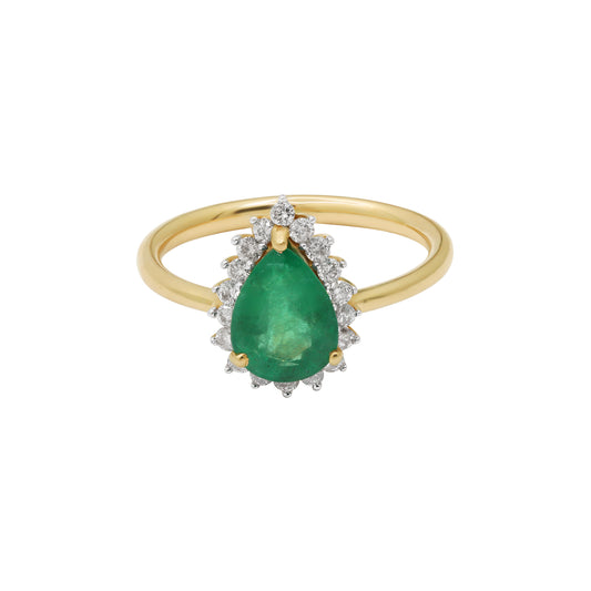 14k Yellow Gold Natural Pear Cut Emerald Gemstone With Diamond Ring