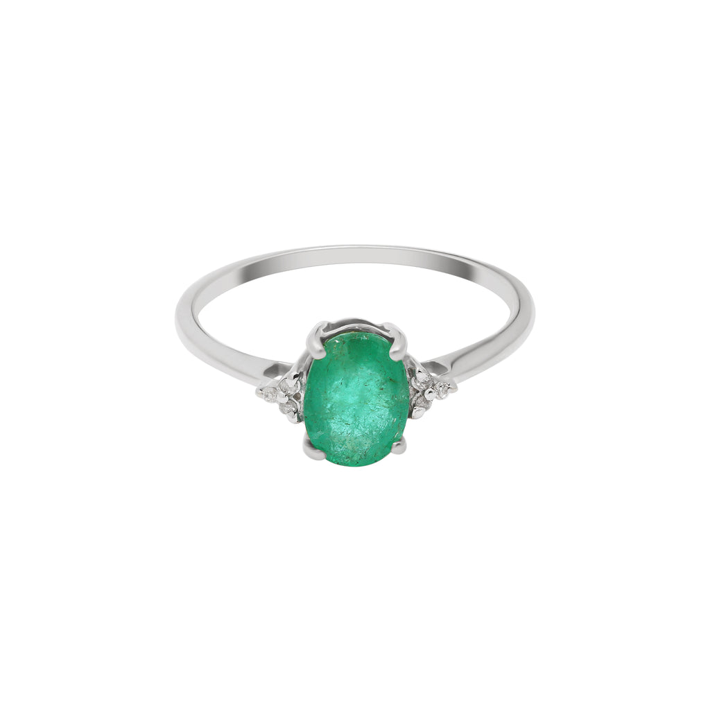 14k Yellow Gold Natural Oval Cut Emerald With Diamond Ring