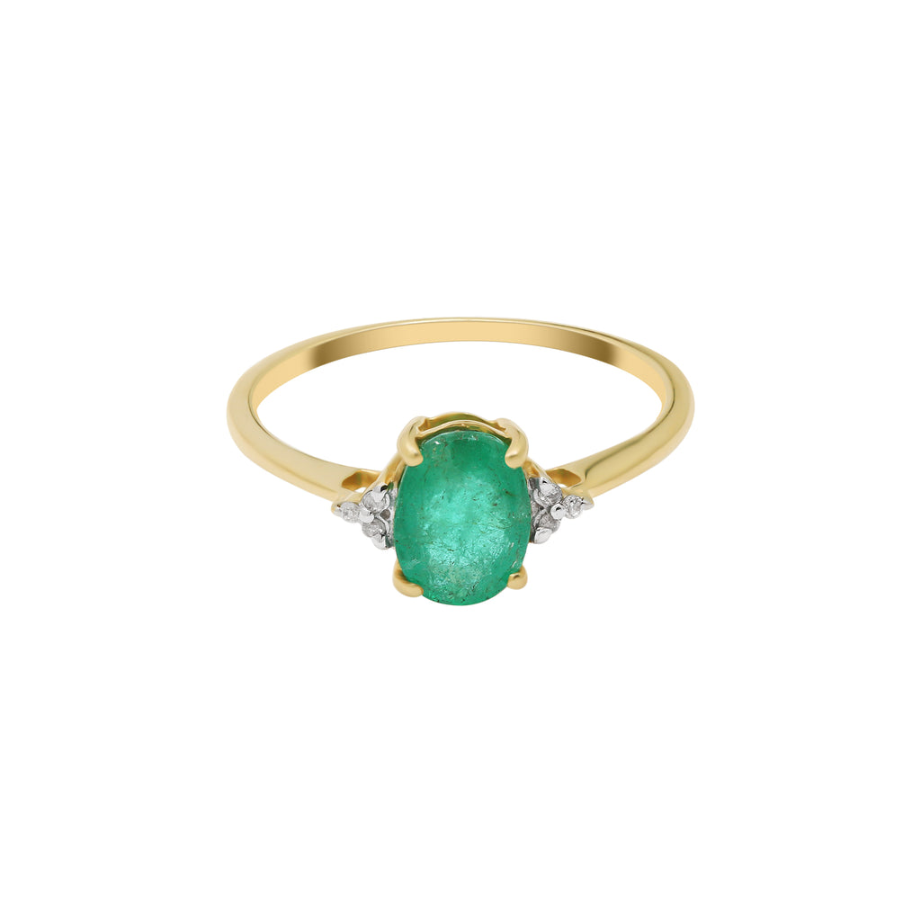 14k Yellow Gold Natural Oval Cut Emerald With Diamond Ring