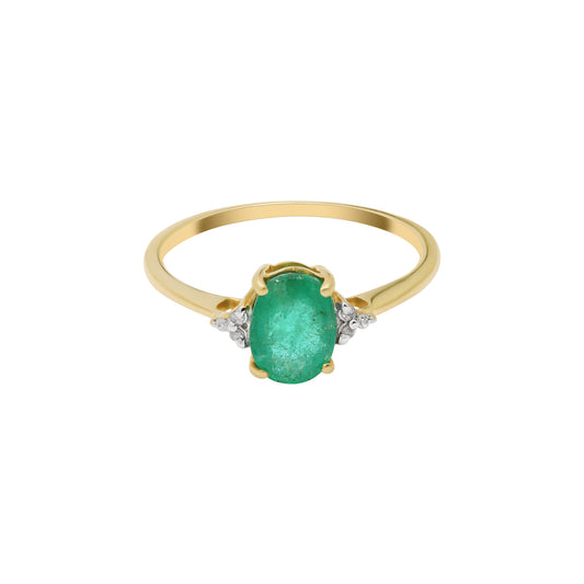14k Yellow Gold Natural Oval Cut Emerald With Diamond Ring