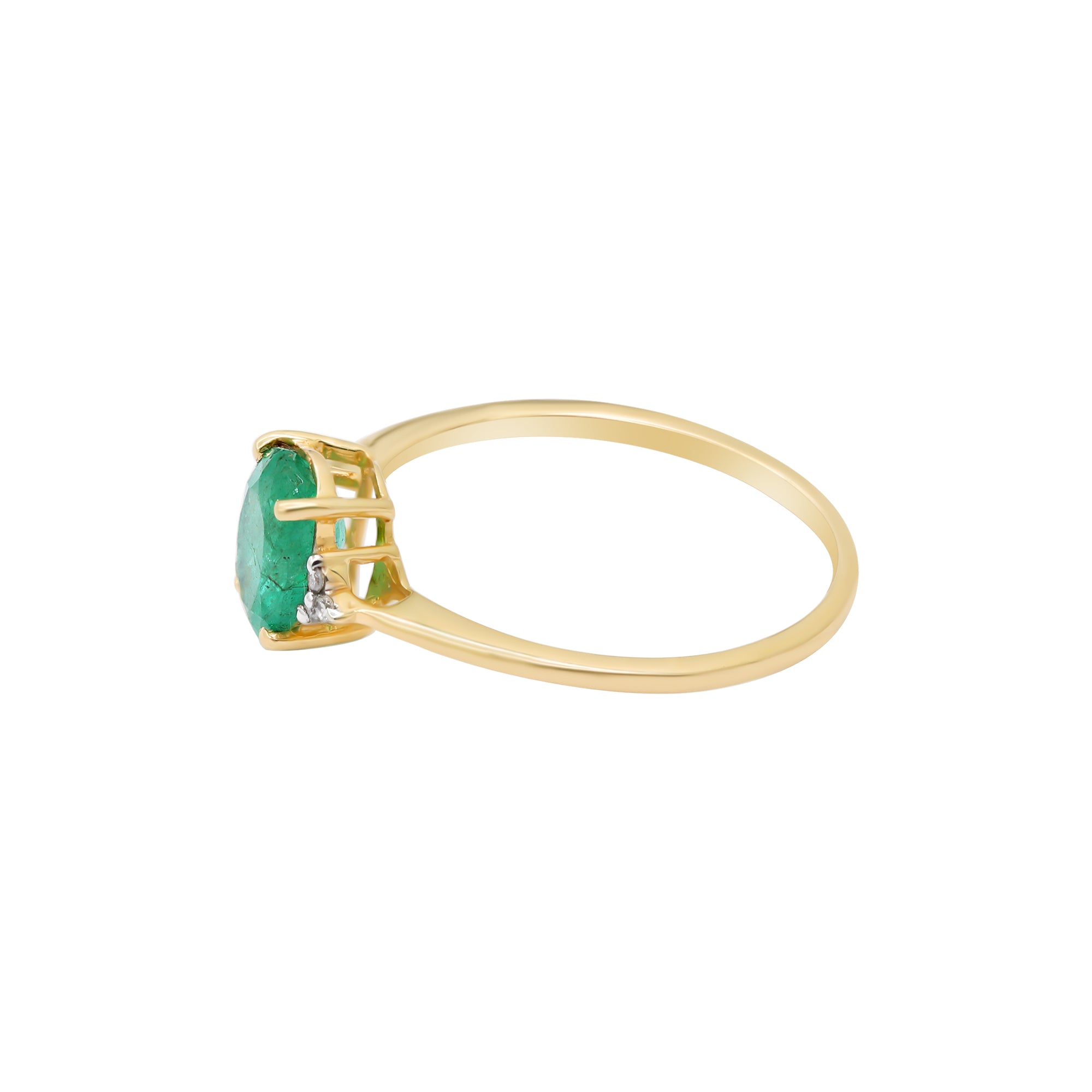 14k Yellow Gold Natural Oval Cut Emerald With Diamond Ring