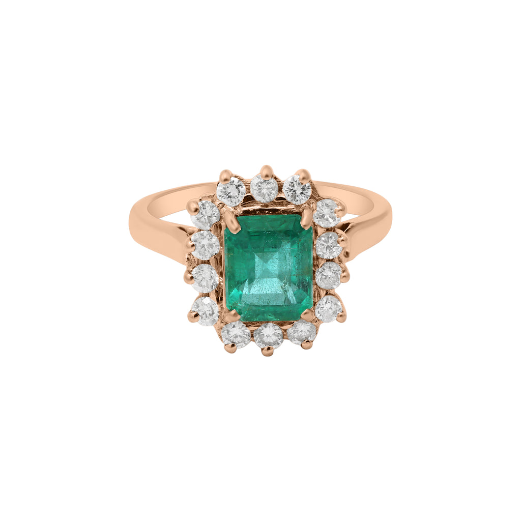 Natural Emerald With Diamond White Gold Ring In 18k White Gold