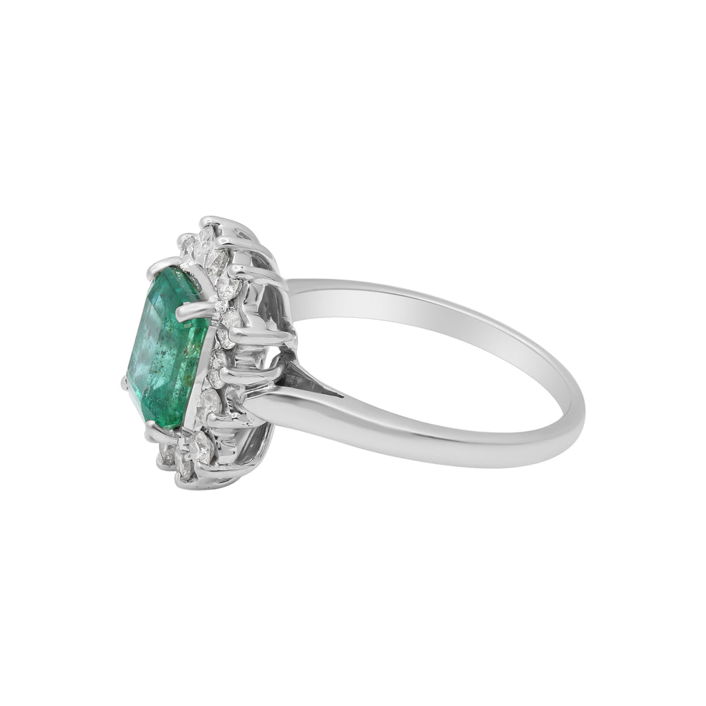Natural Emerald With Diamond White Gold Ring In 18k White Gold