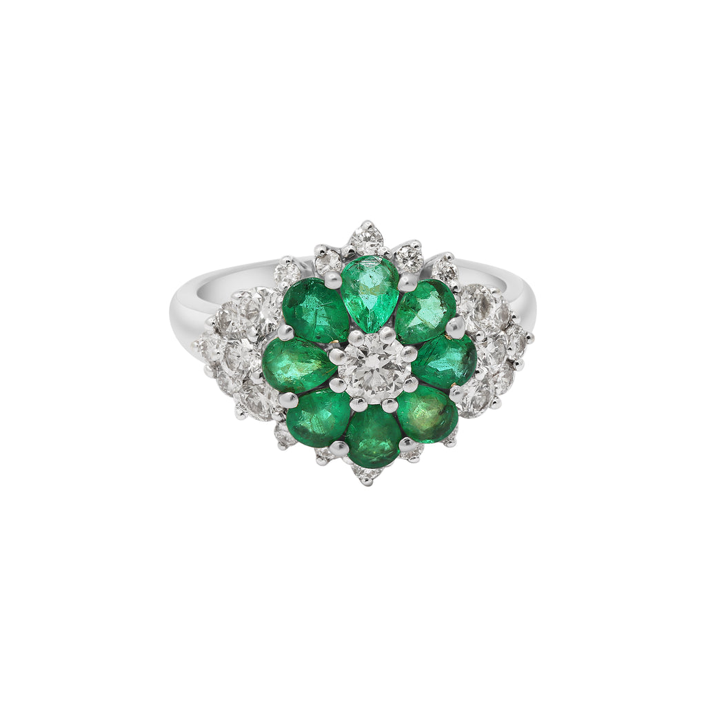 Beautiful Floral Shaped Natural Emerald And Diamond Yellow Gold Ring 14k Yellow Gold