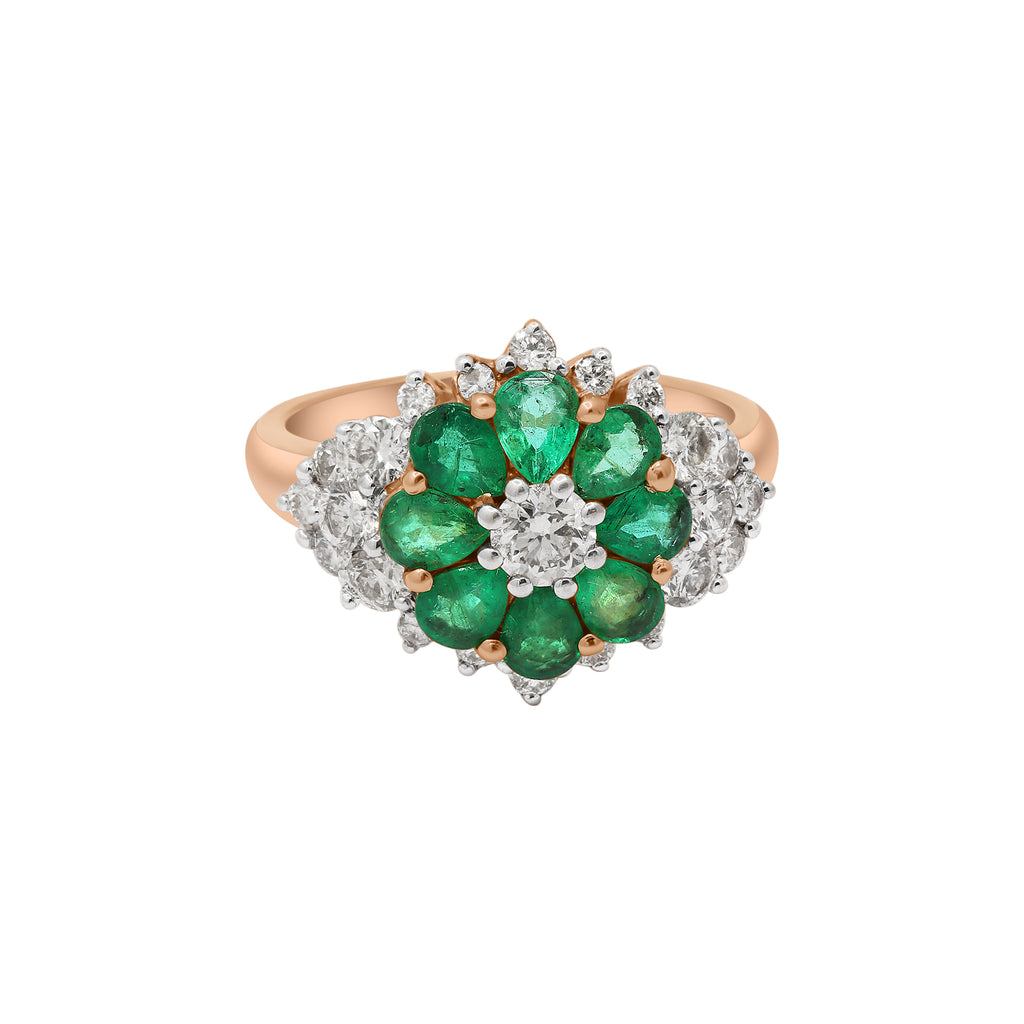 Beautiful Floral Shaped Natural Emerald And Diamond Yellow Gold Ring 14k Yellow Gold