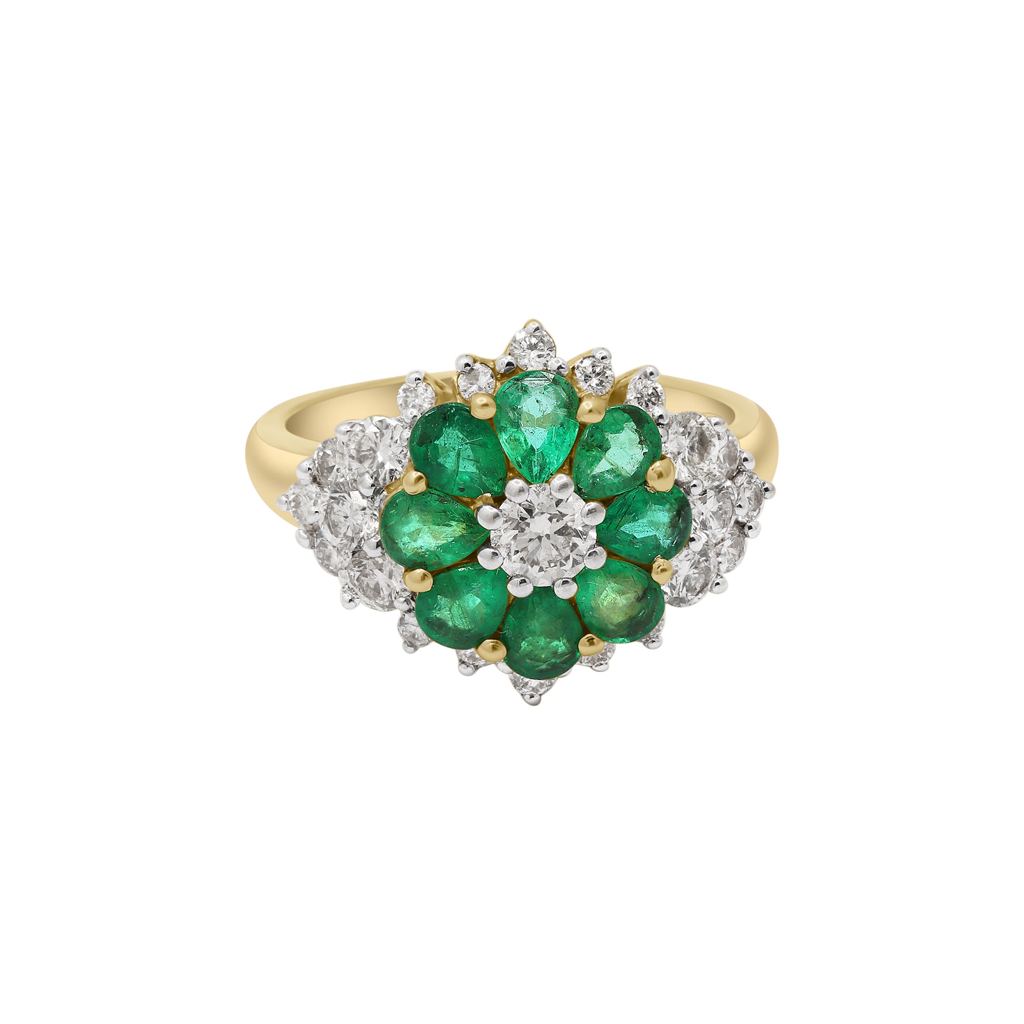 Beautiful Floral Shaped Natural Emerald And Diamond Yellow Gold Ring 14k Yellow Gold
