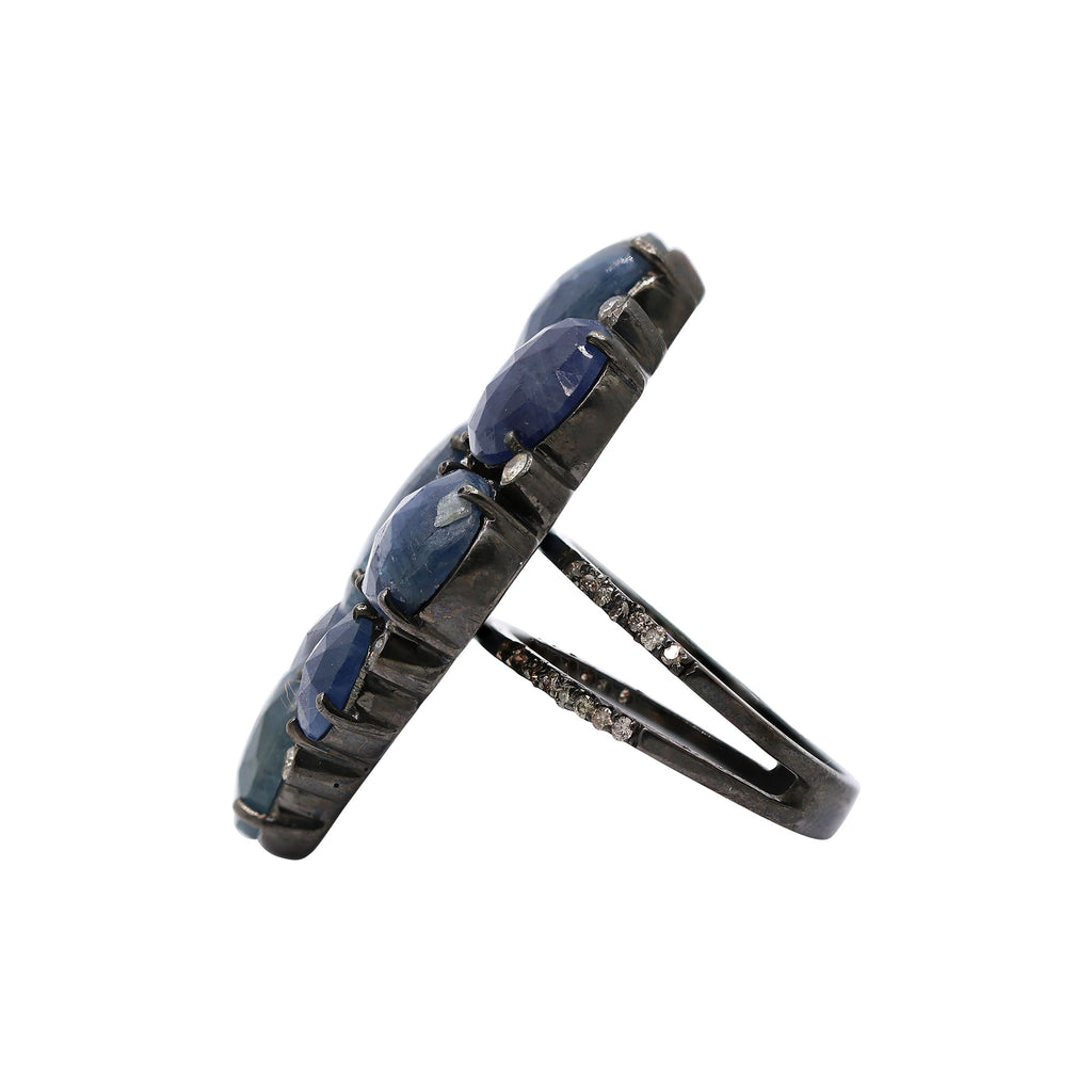 Precious Blue Sapphire With Diamond Black Rhodium Silver Ring For Women & Girls 925 Silver Handmade Ring