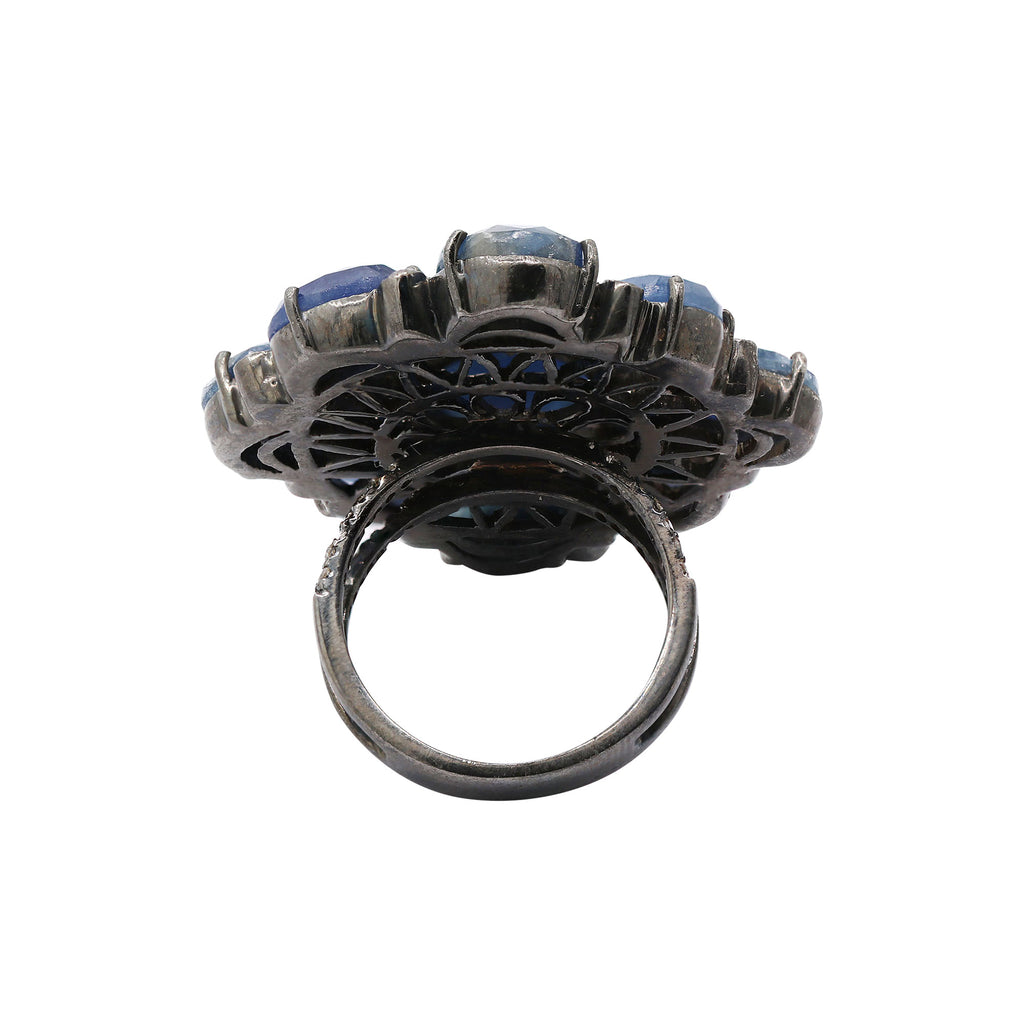 Precious Blue Sapphire With Diamond Black Rhodium Silver Ring For Women & Girls 925 Silver Handmade Ring