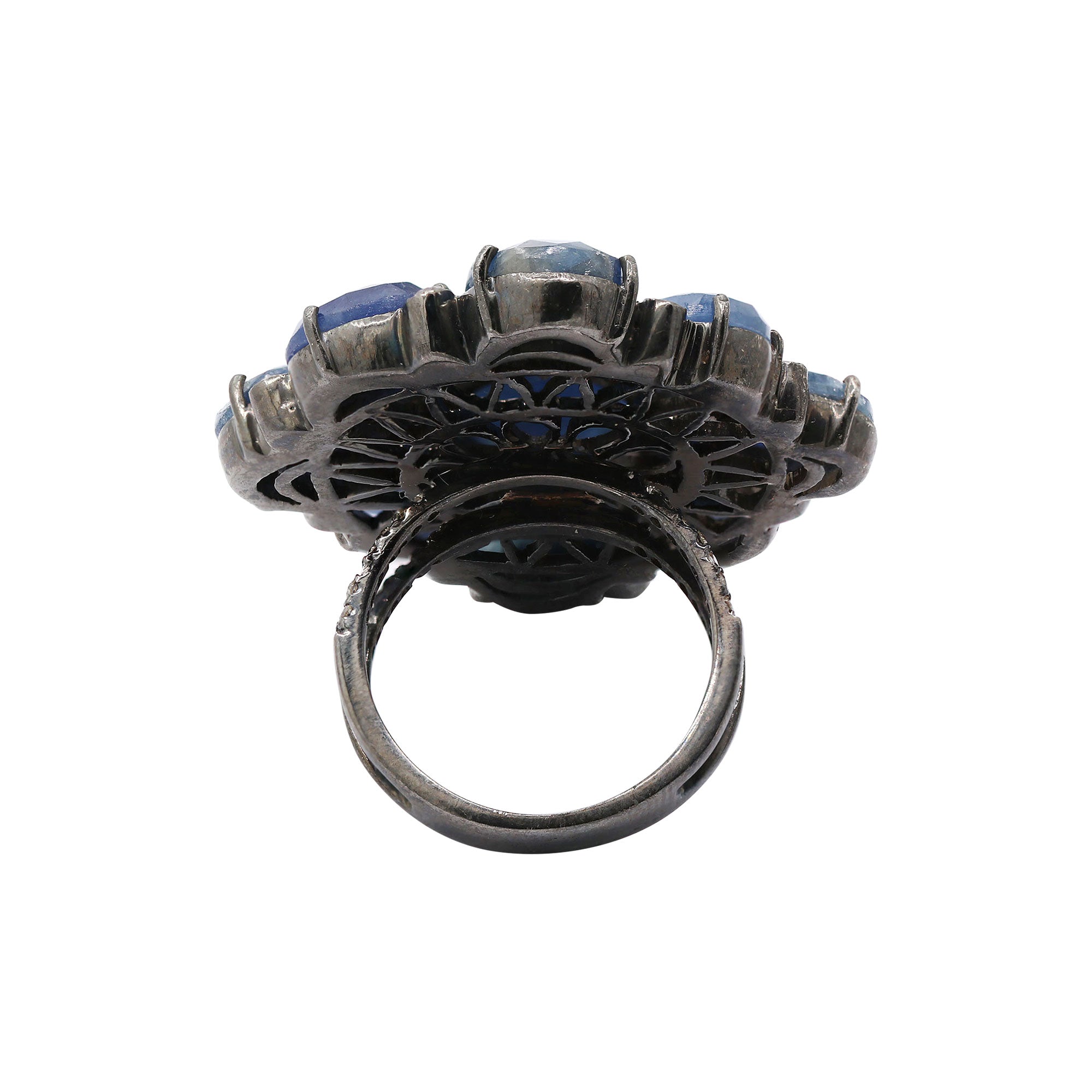Precious Blue Sapphire With Diamond Black Rhodium Silver Ring For Women & Girls 925 Silver Handmade Ring