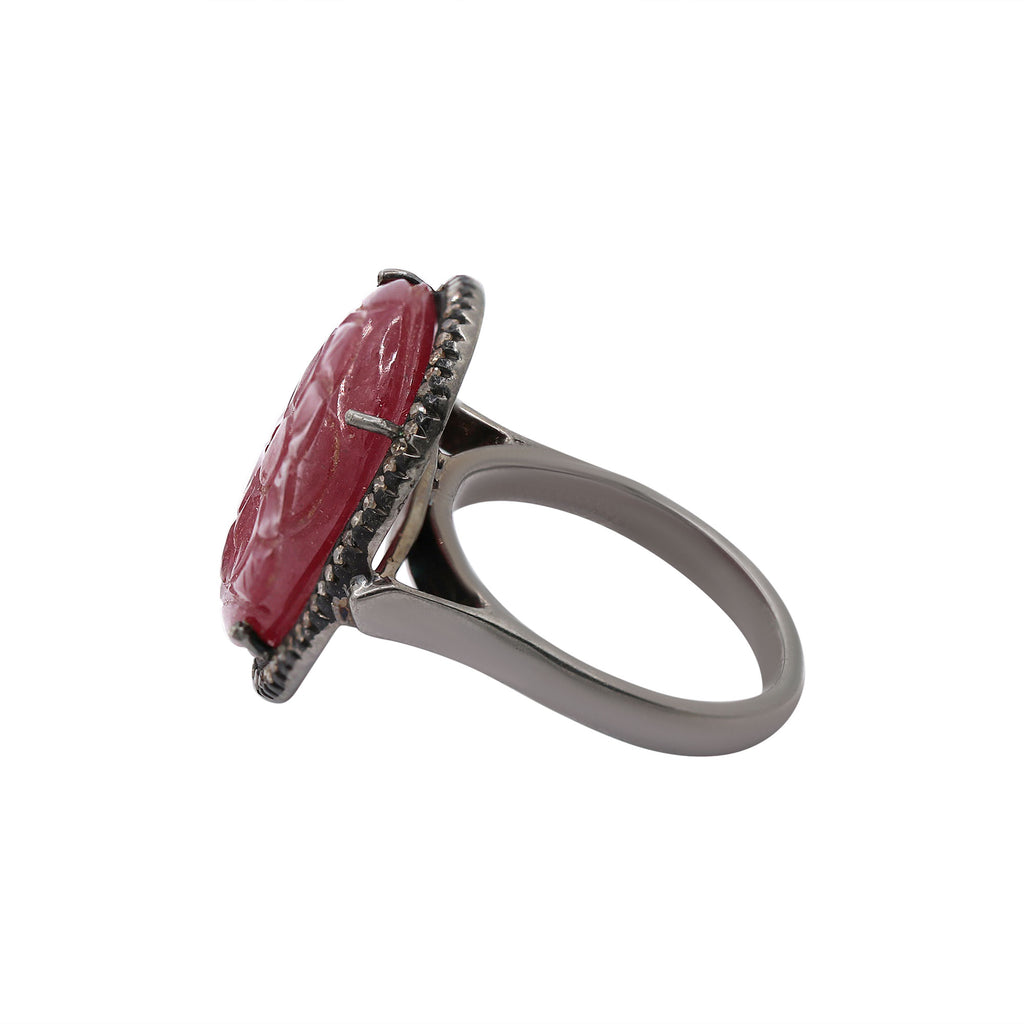 Carved Natural Ruby With Diamond Black Rhodium 925 Silver Ring