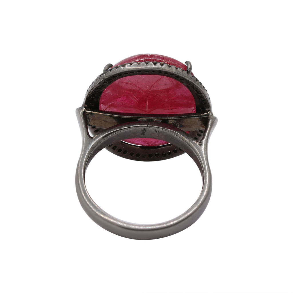 Carved Natural Ruby With Diamond Black Rhodium 925 Silver Ring