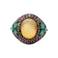 Natural Opal, Ruby Emerald And Diamond 925 Sterling Silver Ring