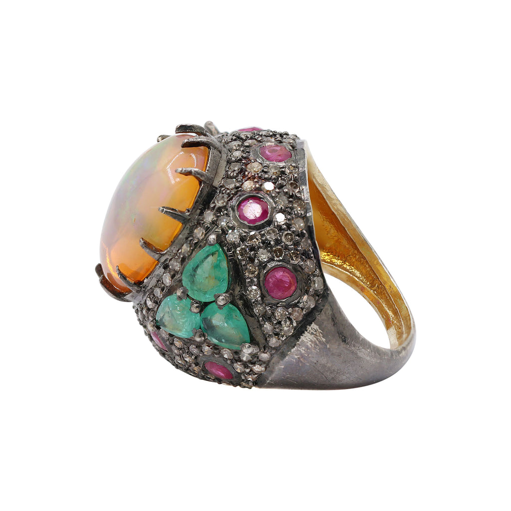 Natural Opal, Ruby Emerald And Diamond 925 Sterling Silver Ring