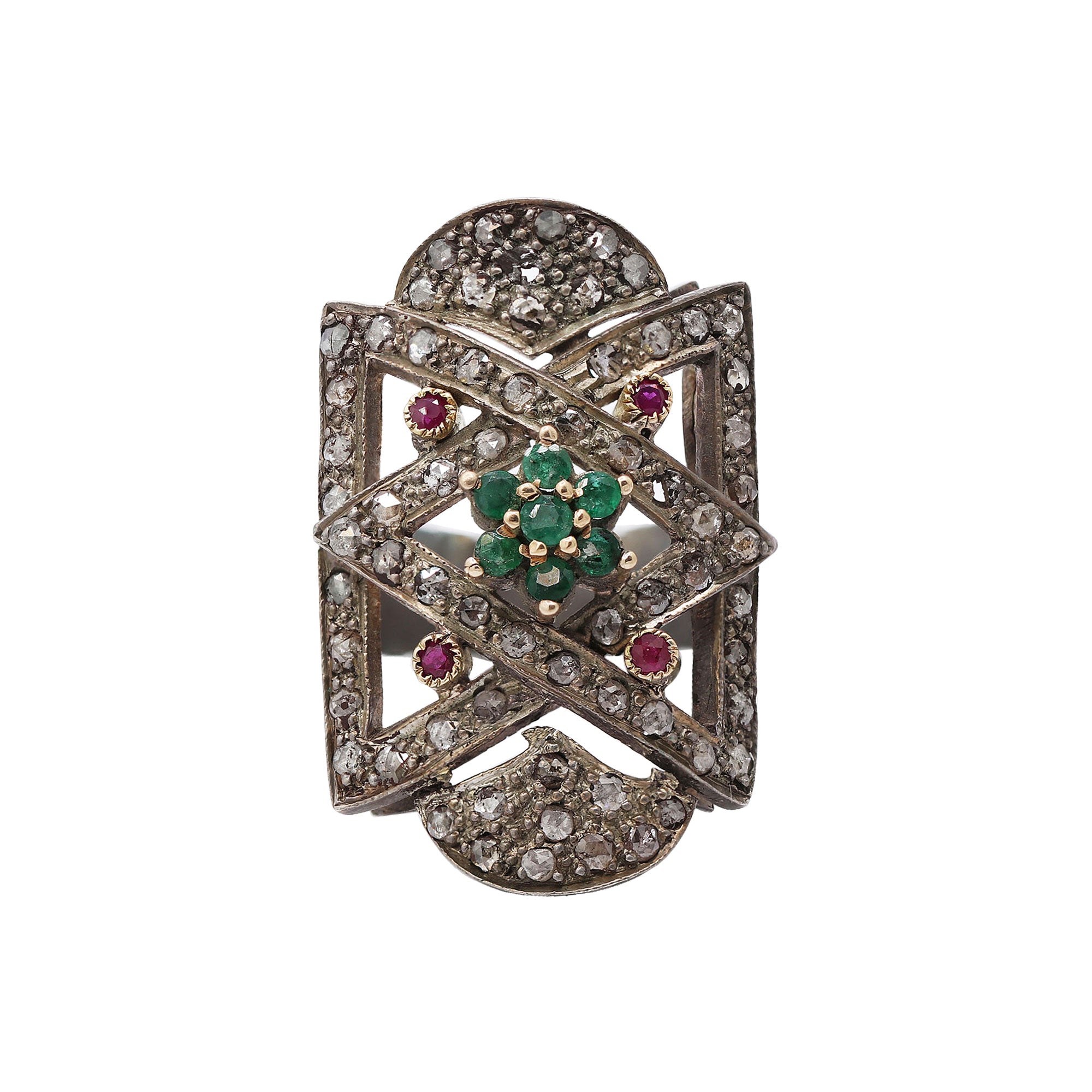Vintage Natural Emerald, Ruby And Diamond Black Rhodium 925 Sterling Silver Ring