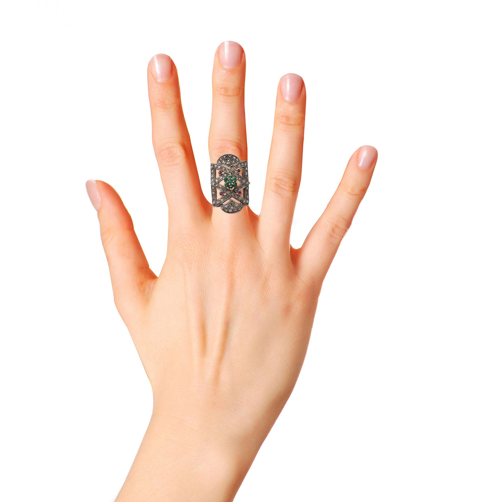 Vintage Natural Emerald, Ruby And Diamond Black Rhodium 925 Sterling Silver Ring