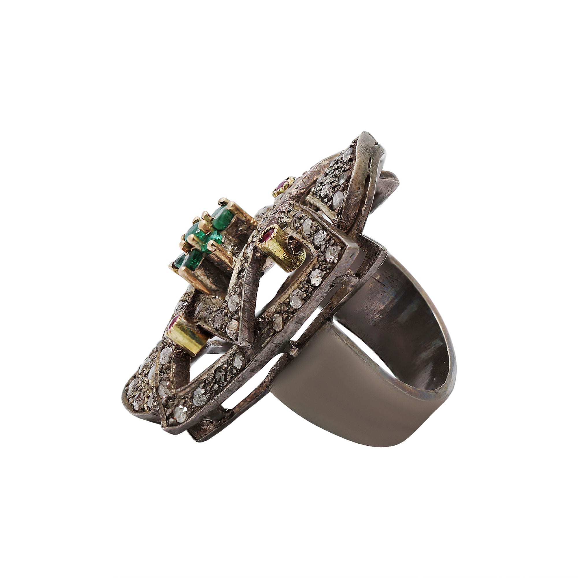 Vintage Natural Emerald, Ruby And Diamond Black Rhodium 925 Sterling Silver Ring