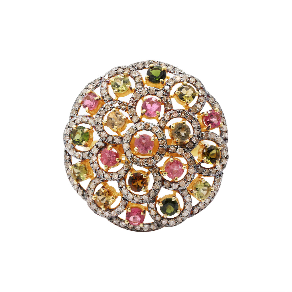 Beautiful Multi Tourmaline & Diamond 925 Silver Gold Plated Handmade Ring