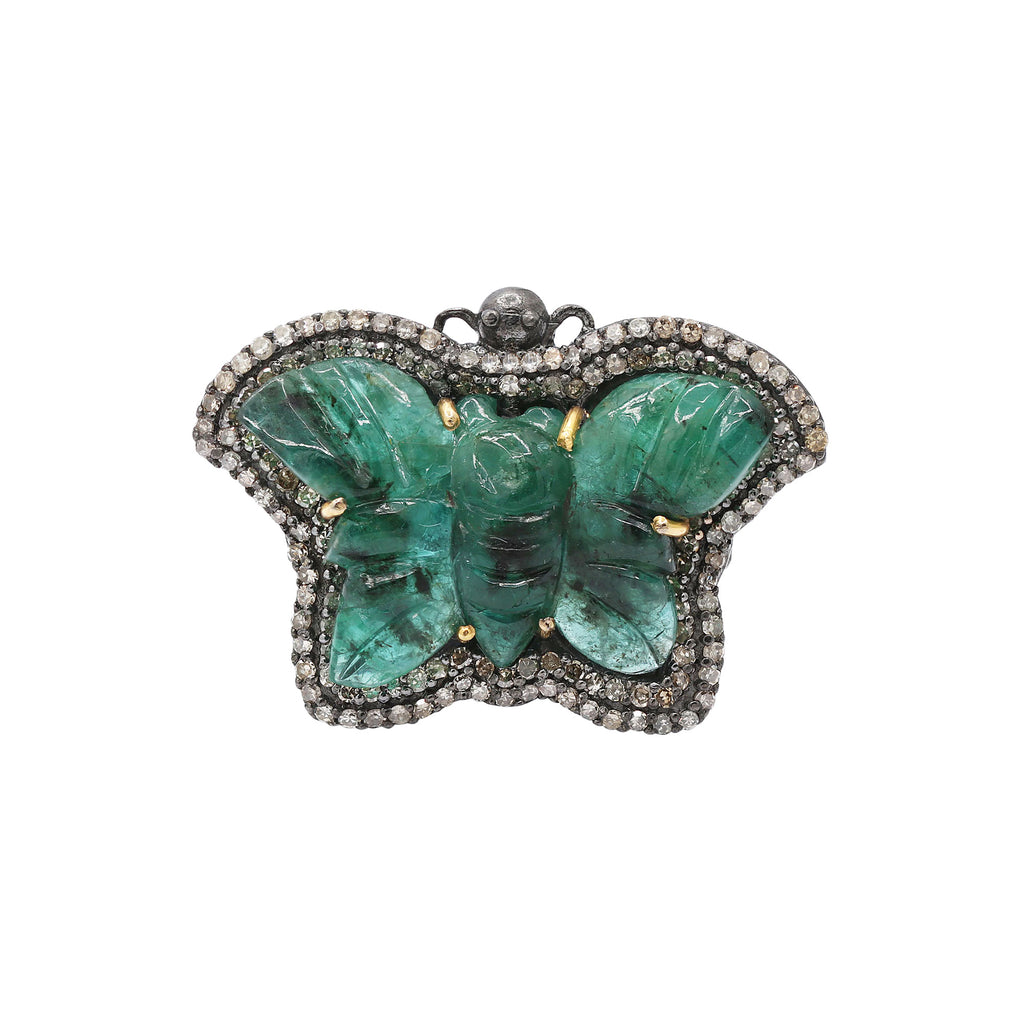 Butterfly Design 925 Sterling Silver Natural Carved Emerald With Diamond Ring