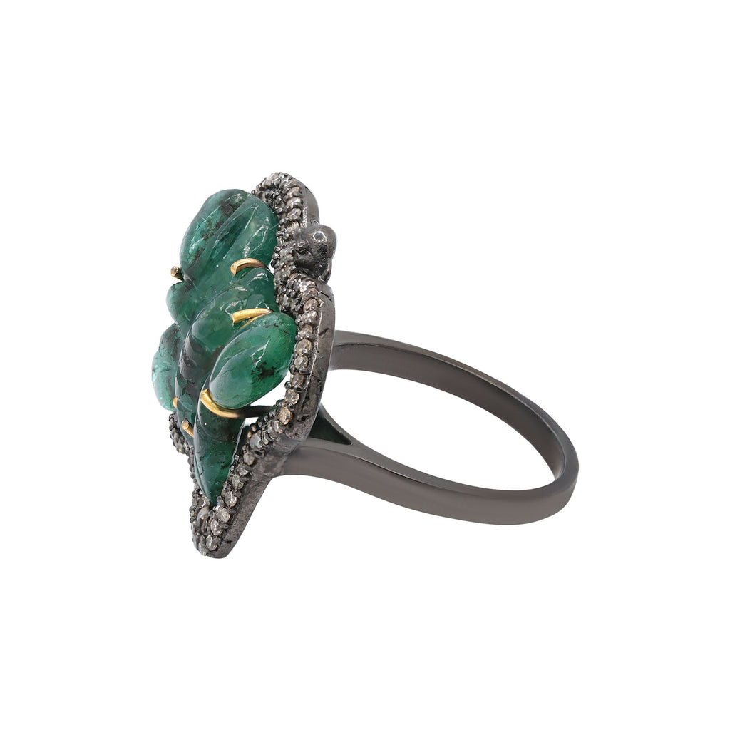 Butterfly Design 925 Sterling Silver Natural Carved Emerald With Diamond Ring