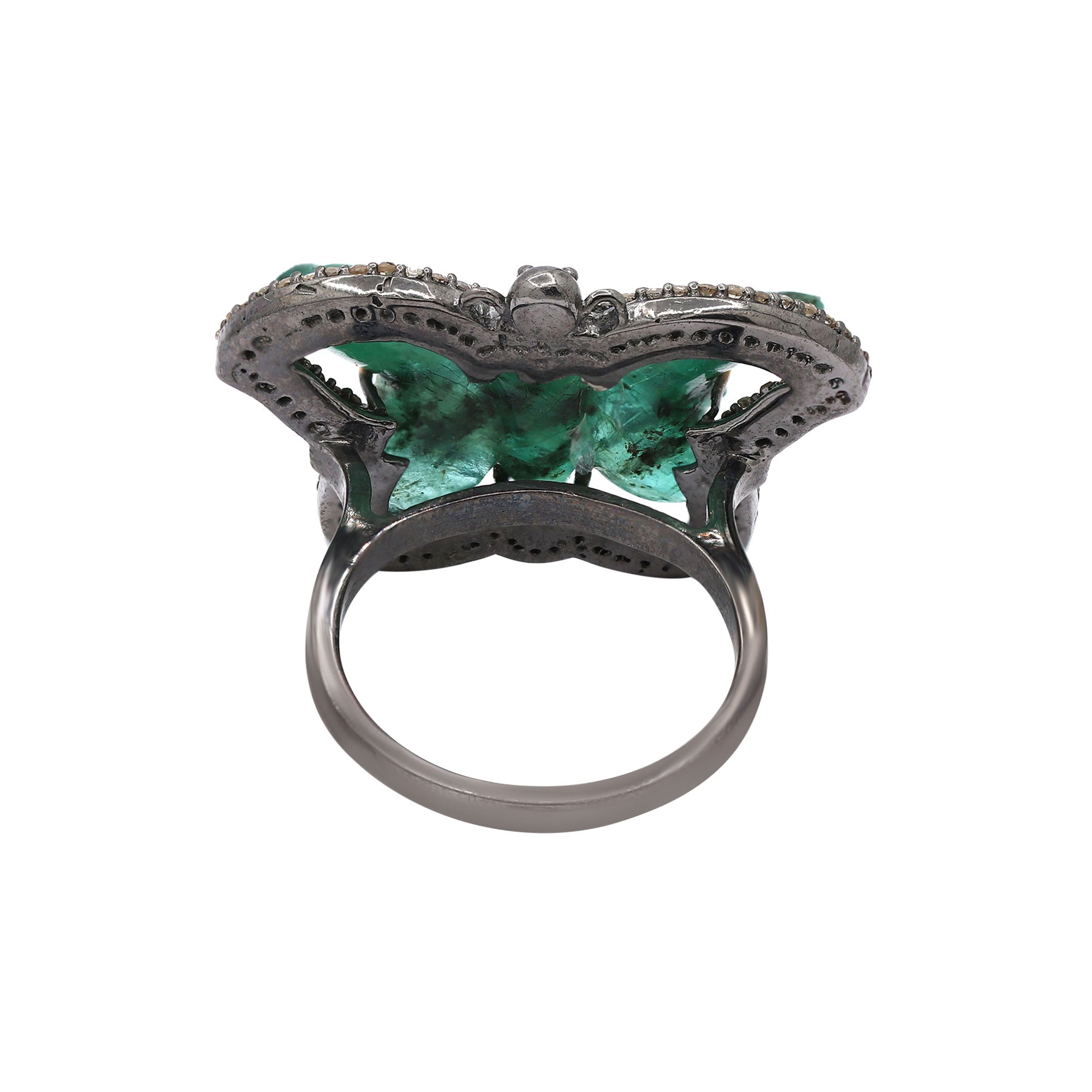 Butterfly Design 925 Sterling Silver Natural Carved Emerald With Diamond Ring