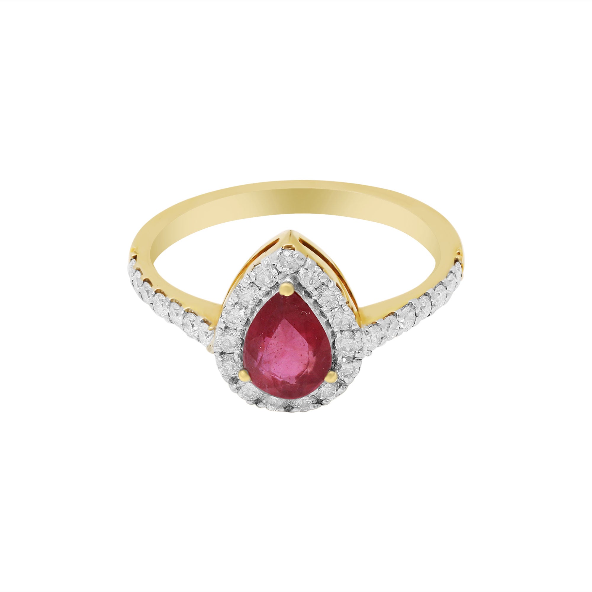 Natural Pear Ruby With Diamond Ring In 14k Yellow Gold