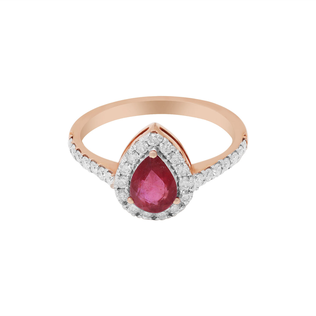 Natural Pear Ruby With Diamond Ring In 14k Yellow Gold