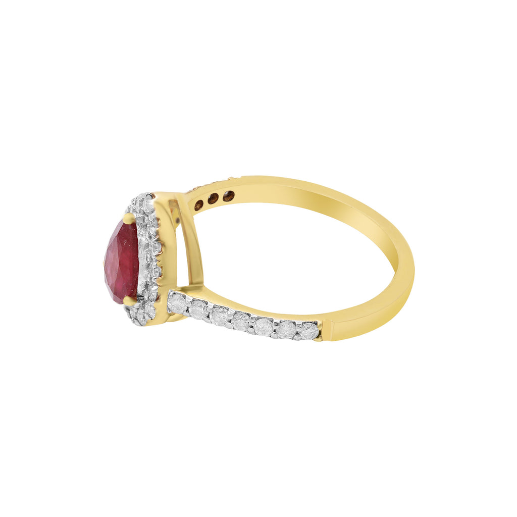 Natural Pear Ruby With Diamond Ring In 14k Yellow Gold