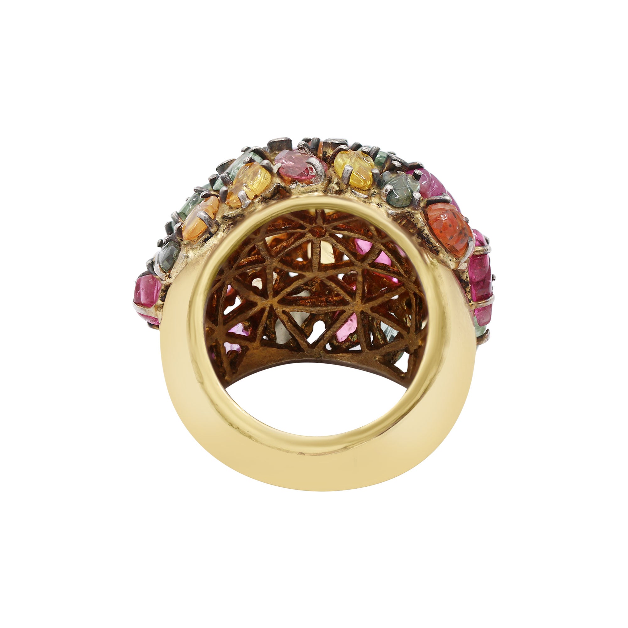 Beautiful Leaf Design Multi Tourmaline And Diamond 925 Sterling Silver Gold Plated Ring